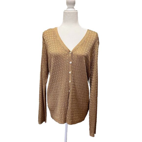 Ralph Lauren Women Button Up Cardigan Sweater Size 1X Golden Metallic V Neck L/S - Picture 1 of 8